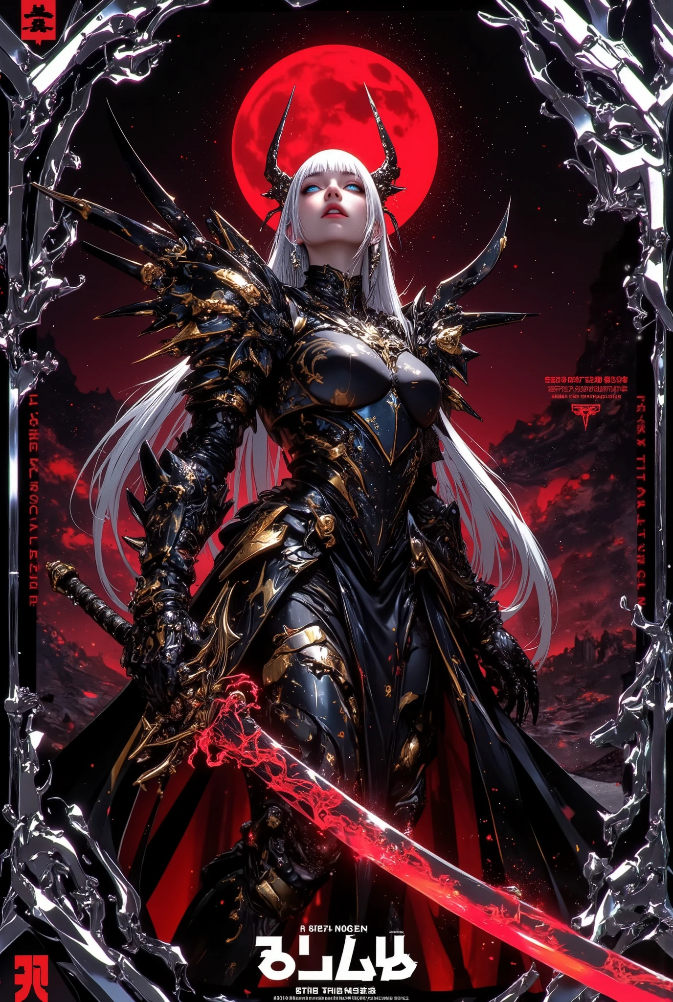 An elaborate Alone girl with black armor and a sword(( Highest Quality)),( Ultra-fine ),(super detail with face facing up),( Detailed Explanation)(( very detailed fantasy art ))), dark fantasy art , gothic art,Maxi Kit, Full Body, Wide Shot,BREAK、 Silver hair with dazzling highlights , very long hair,, twin tails、detailed faces with ofisu, charming big blue eyes ,Shining beautiful eyes ,Beautiful skin, (( super real,3D), battle scenes with jet black armor and angel wings and swords ,( Jet Black Armor , elaborate gold relief :1.5),, ARMOR DRESS , (winged helmet), shoulder pads, gauntlet over prostituti, Shin guards, (( Framing Sword)), (( SMALL TEXT ))( ( holding giant red energy swords :1.3)), beautiful detailed background, huge artistic structure made of chrome plated frames and glass, red moon and star background ,night sky , (Alone:1.6 )