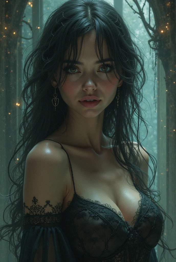 a woman with prominent nipples, intricate detailed face, photorealistic, hyperrealistic, 8k, highly detailed, dramatic lighting, mystical, ethereal, glowing skin, elegant, flowing hair, deep gaze, cinematic composition, moody atmosphere, wide cleavage,image of a full-body woman,BREASTS 3D,image 3D,