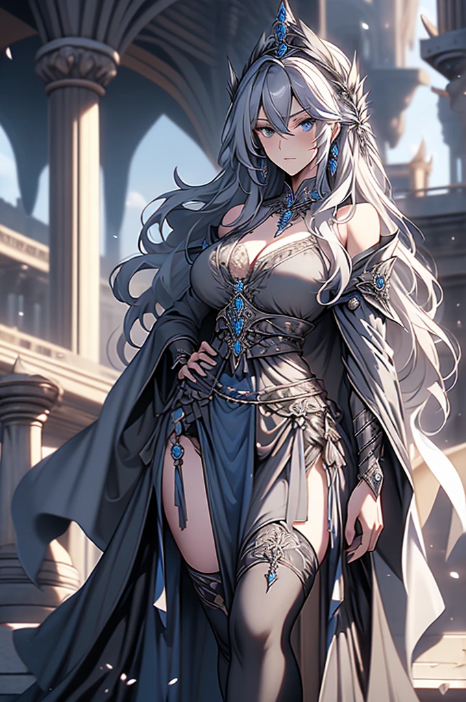 highres, masterpiece, 1girls, gray hair, blue eyes, legwear, huge breasts, dress, robe, royal robe, layered dress, v-neck, (pelvic curtain), long hair, mature female, (thick thighs), standing, expressionless, tiara, castle in background, balcony, (thighhighs:1.2), blue dress, (side view)