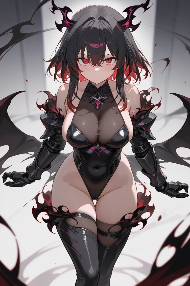 a demon girl with red eyes, big boobs, epic leather body suit, short black hair, commanding the viewer to obey, boobs exposed