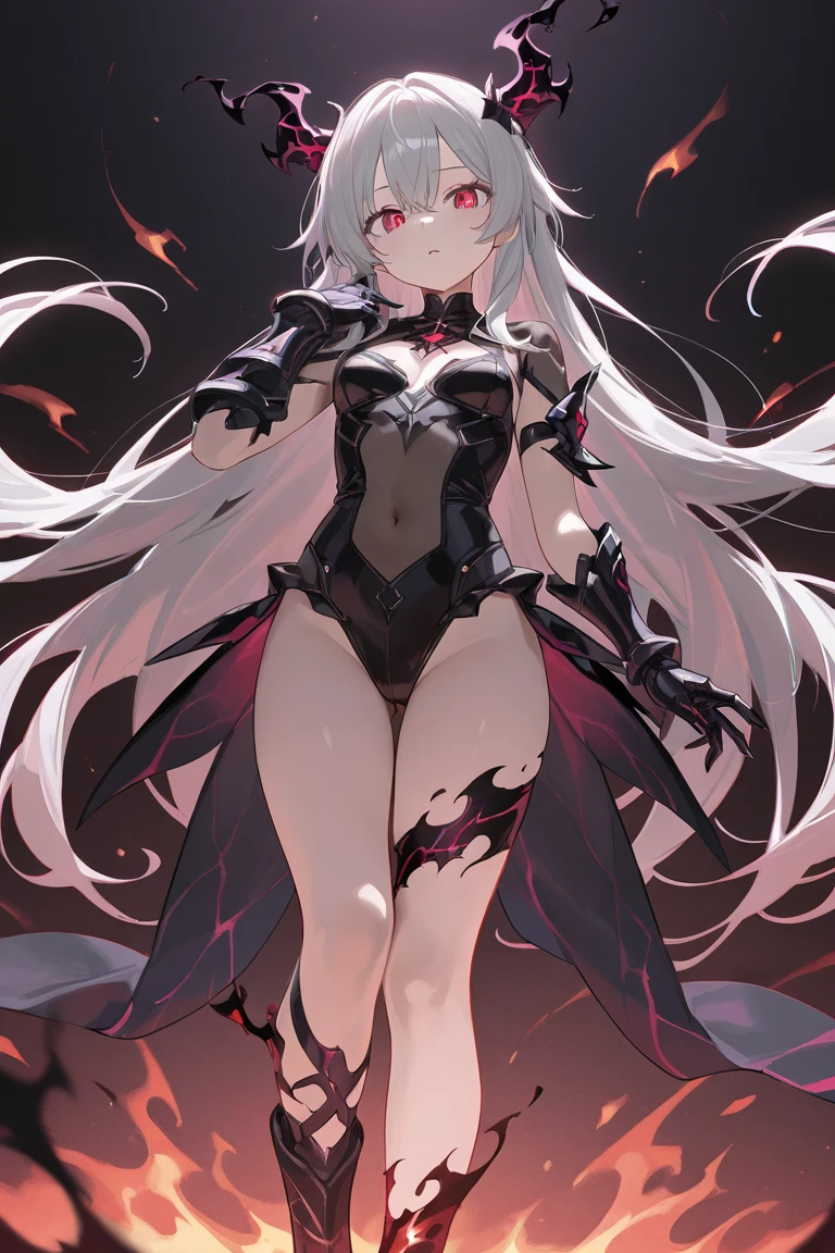 masterpiece, high quality, 4K, HDR, armored dress knight, black halo above head, black horns on head, black dragon tail, large black wings on back, Silver hair, intake hairstyle, blunt bangs, long hair, crimson eyes, narrowed eyes, sharp teeth, slightly pointed ears, displeased expression, slightly open mouth, low angle, full body, athletic, toned body, medium breasts