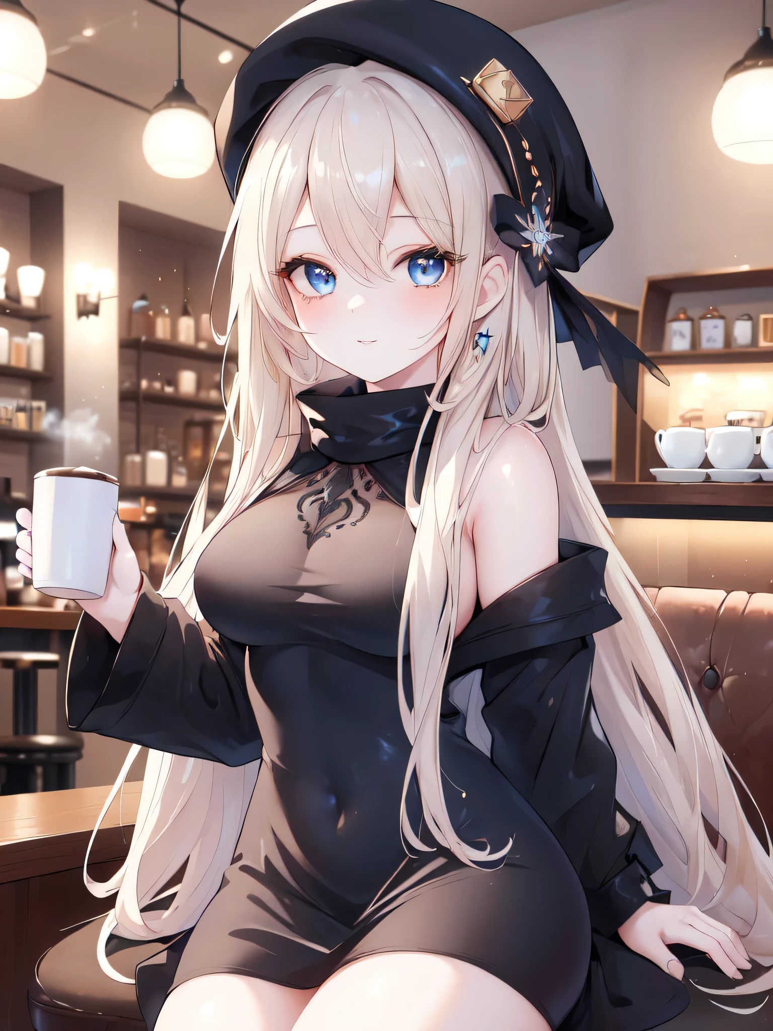 Make a white haired woman in a black dress ((((sitting on a sofa with her 5 year old son))). The boy&#39;hair color is white., the boy is wearing a black jacket, black pants and black shoes.