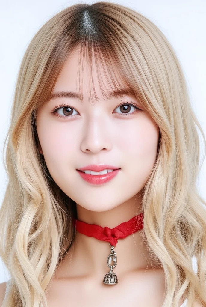 1 Girl,Beautifully detailed face:1.3、Close-up of face:1.6、The whole face fits in the frame:1.6、((She wears a big red ribbon in her hair like a French doll.:1.6))、 ((very small flat chest:1.7))、(A sheer camisole with a loose fit around the chest:1.7), ((Facing forward:1.6))、Pink Eyeshadow:1.6、((Looking into the camera:1.3))、Very beautiful Japanese idol portraits,
(RAW Photos, Highest quality), (Realistic, Realistic:1.4), (masterpiece),
Very delicate and beautiful, Very detailed, 2k wallpaper, wonderful, finely, Very detailed CG Unity 8K 壁紙, Very detailed, High resolution, Soft Light,
Beautiful detailed girl, Very detailed目と顔, Beautiful and sophisticated nose, Big beautiful eyes, Cinema Lighting,
(Simple and solid background:1.3),
(Blonde medium hair:1.5), (Parted bangs),
Complete Anatomy, Slender body,Very small breasts, Sensual look