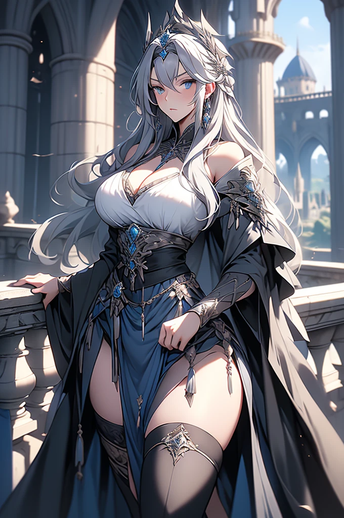 milf, 30 years old, (highres, masterpiece:1.2), white hair, robe, (large breasts), thick thighs, standing, pelvic curtain, tiara, thighhighs, v-neck, strapless dress, blue eyes, expressionless, long hair, castle in background, balcony