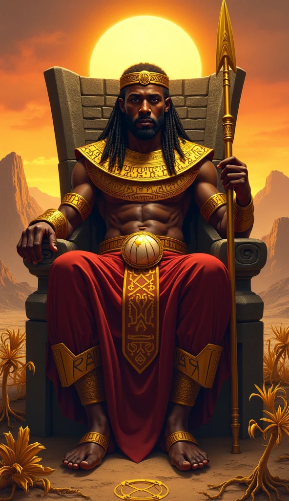 A tall black man with braids sits on a golden throne casually. The room is filled with people who are on their knees. He is dressed in a Greek chiton that half covers his torso.Il porte un masque africain, He is crowned, et porte des sandales