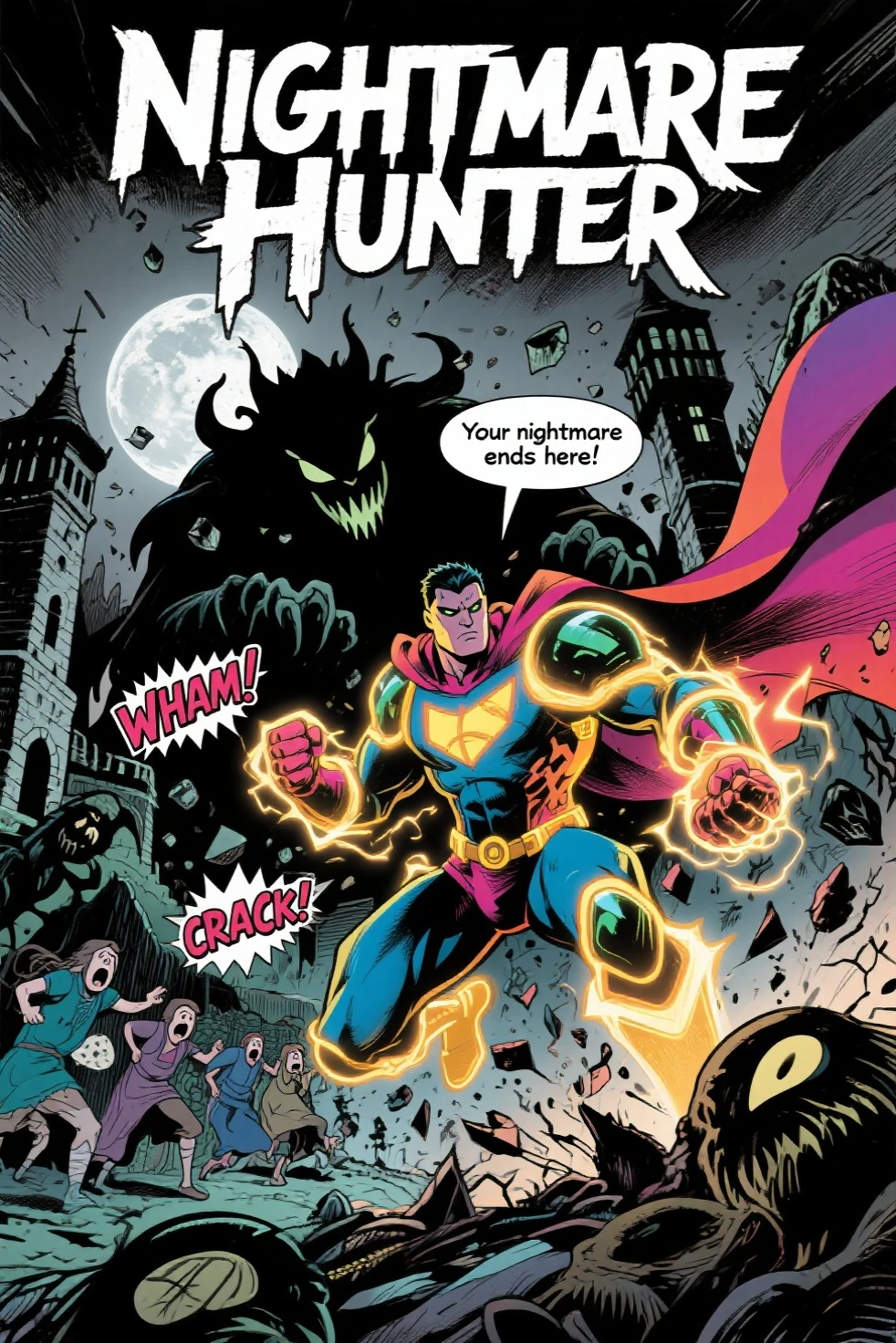a comic cover of a heroine fighting monsters, text "Monster Mash", outline, best quality, masterpiece, cbcmkrsdxl, comics logo,  <lora:cbcmkrsdxl:0.9>,  city, action, punch
