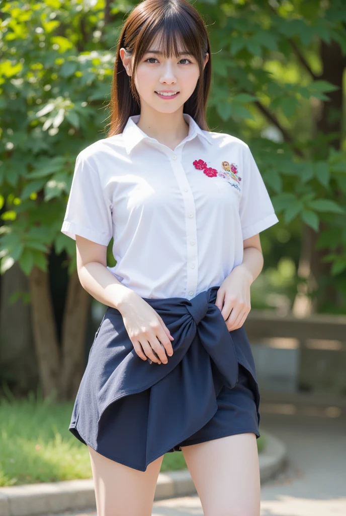 Japan Girl、12year old、小柄、Short hair、bobhair、Very cute、chubby figure、the chest is very large、idol、Pichi Pichi clothes、The shape of the chest comes out、、Happy face、Sexy costume、The skirt is very short、Shooting from below、Panties are visible、