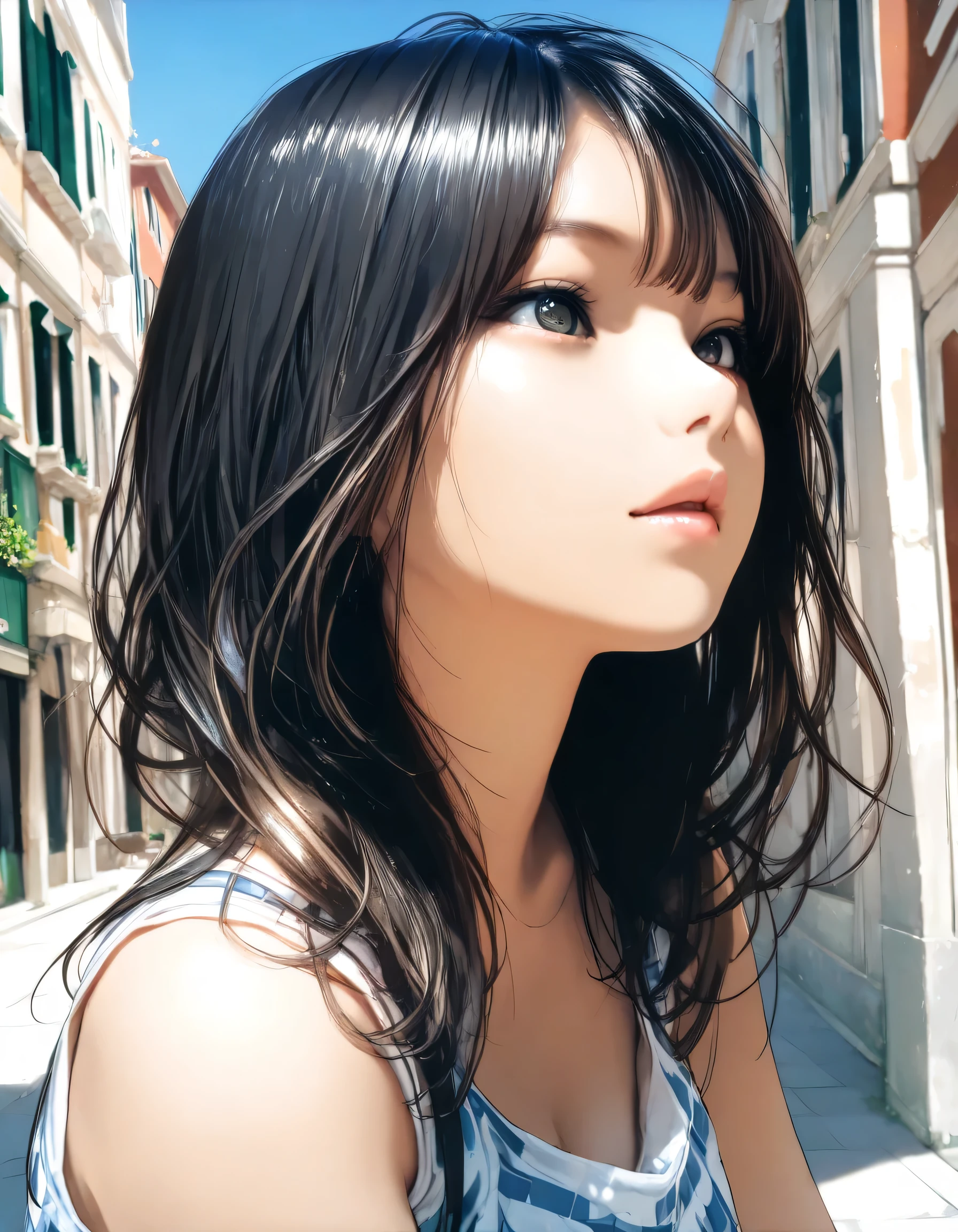 1girl, year 2016, upper body, early summer, Venice, blue sky, casual clothes, masterpiece, high score, great score, absurdres, 16k, Ultra detailed, (photorealistic : 0.5)