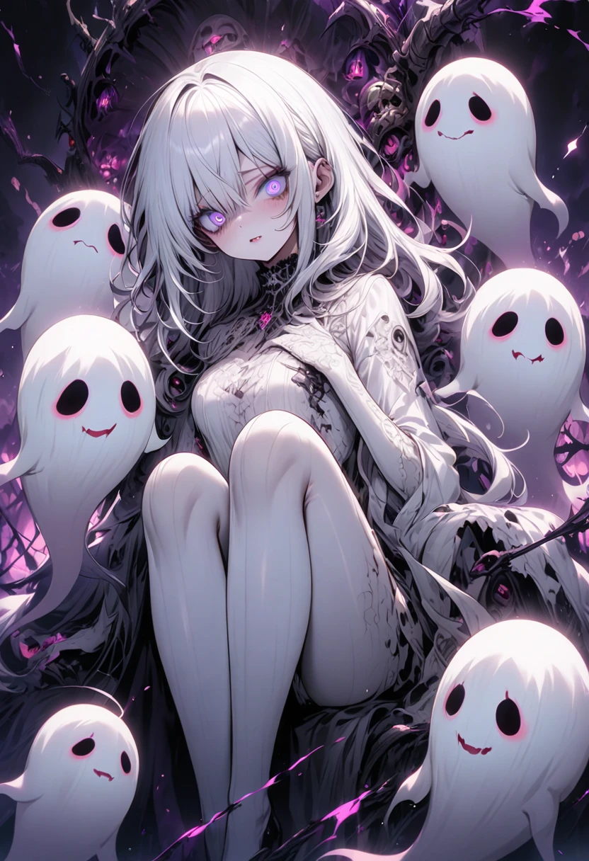 1girl,mature female,solo,glowing magenta eye,colored sclera,white hair, long hair,((pale skin,extremy white skin,hair over one eye,halo pink)), sharp teeth, open mouth,(medium breasts),((white bra,white bikini,hidden arms,white skirt,bare feet,villain,psycho,villain smile, psychopath)),(((floating in front a blue moon in night,masterpiece,hd,best quality,8k,detailed face,close-up on face,face tilted forward,dancing on sky)))