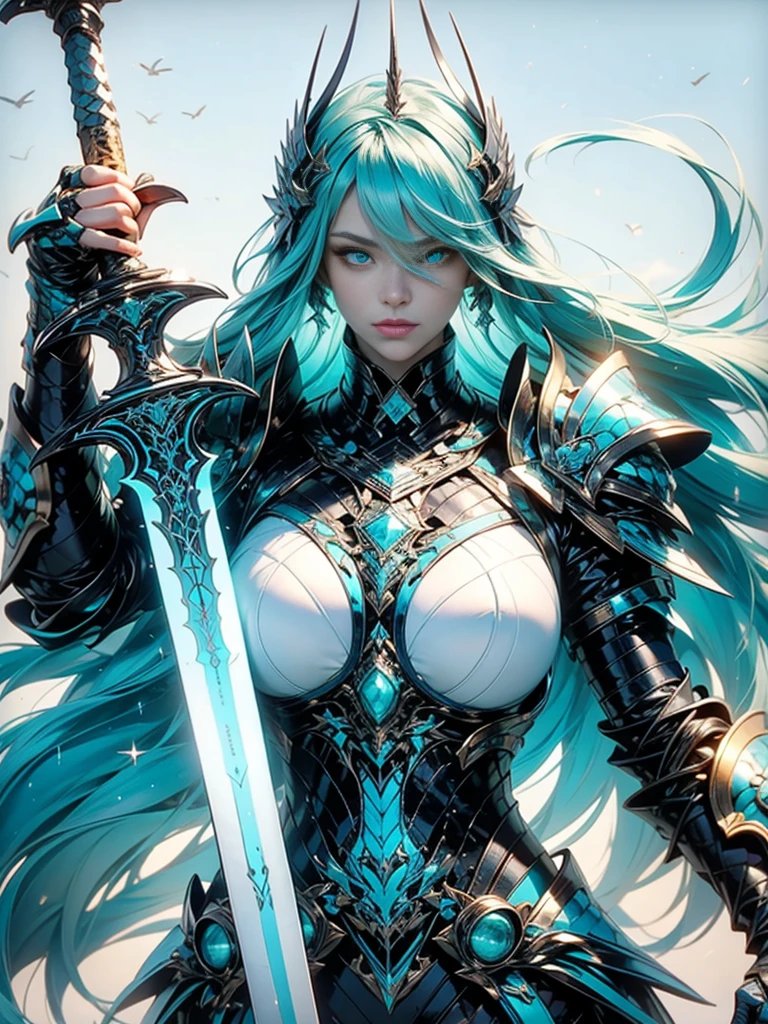 ((Masterpiece, Best Quality, anime style)), Felicia, Blue hair, Green eyes, cat eyes, Cat tail, busty, big breasts, big ass, happy, smile, (big gauntlets armors), ????, in a fantasy city, illustration, ultra-detailed 8K, clear focus, highly detailed, professional lighting, colorful details, colors BREAK,