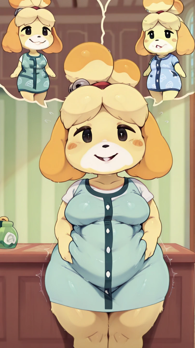 score_9, score_8_up, score_7_up, score_6_up, score_5_up, score_4_up, rating_safe, isabelle \(animal crossing\), pregnant, thick thighs, big breasts, pink Hawaiian shirt, QIEMANCN