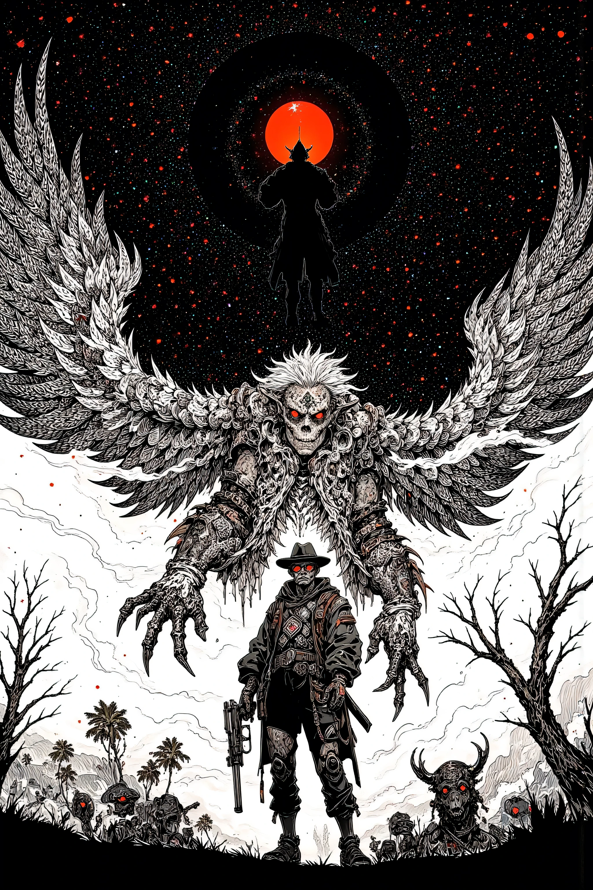 Crazy Gunman in the Wilderness ,Western Ukiyo-e ,Scary works, Holding a Revolver ,A monster that flies in the sky, Burning , Occult Horror Art,bright red hollow eyes, mixed style , Ukiyo-e Manga Painting Ink Sketch , painting with paintbrush and ink ,Professional Drawing , Black and white painting , ink painting , sharp concentration , This is an ultra-detailed painting inspired by Lotte Reiniger,ukiyo-e, Delicate Sumi-Painting Details , Extra Fine Ink Details ,occult art , graphic details , Inked Paintings , Detail shot, amazing details , Ukiyo-e Style of Black and White Airbrush Paintings