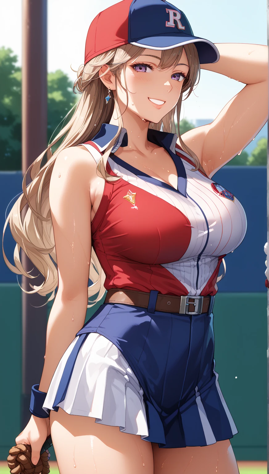 beautiful detailed 25 years old female japanese, wearing Sports Uniform: A fitted athletic uniform with a team logo, shorts, and sneakers, beautiful face, shiny white skin, blonde hair, slender, ultra large saggy breasts, massive cleavage exposed, school background