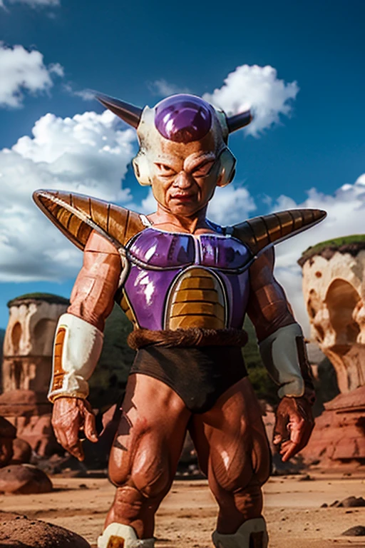 napa, bald, black eyes, mustache, muscular, dark blue saiyan armor, dark blue vambraces, dark blue boots, faulds, black briefs, tail around waist, looking at viewer, evil grin, serious, standing, outside, park, field, trees, autumn, blue sky, extreme detail, masterpiece, <lora:nappa_v1:.8>