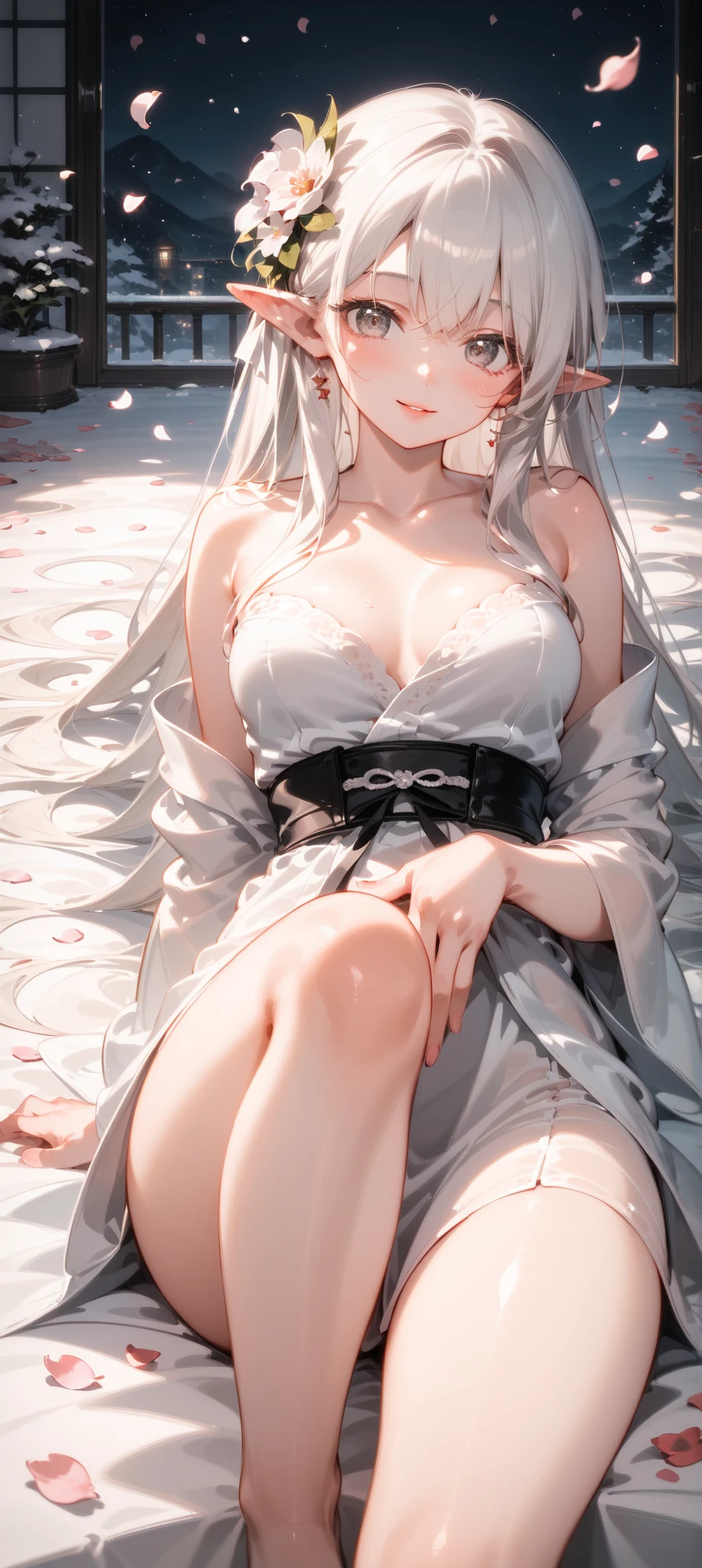 Best Quality, 8k, (masterpiece:1.2), ultra-detailed, expressive background, balance, Demon girl, 1Female, 1Demon-Girl, long gray hair, Long hair, (((Big and long straight white horns))), Straight horns white on head, White kimono, Sexy white dress, Sensual, Sexy, Sensual body, Huge breasts, Perfect curves, Majestic, ((sitting on a chair in reading a book, near a wooden table)), looking to a book, ((back view, Back view of the character, character is not looking at the viewer)), ((balcony, sunset in the background))