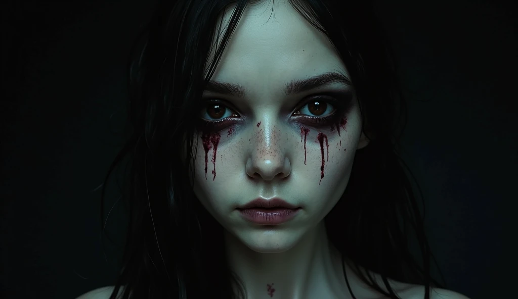 Hyperreal art (mkdrgs style), traditional painting hyperrealistic, a beautiful woman with a saddened expression, there is a darkness deep within, her tears flow like blood from an open wound, pale goth, regardless of the sorrow she evokes serenity, dark makeup, detailed skin with visible pores, 8k, hdr, masterpiece, award winning art, amazing lighting, (Victoria Frances style)