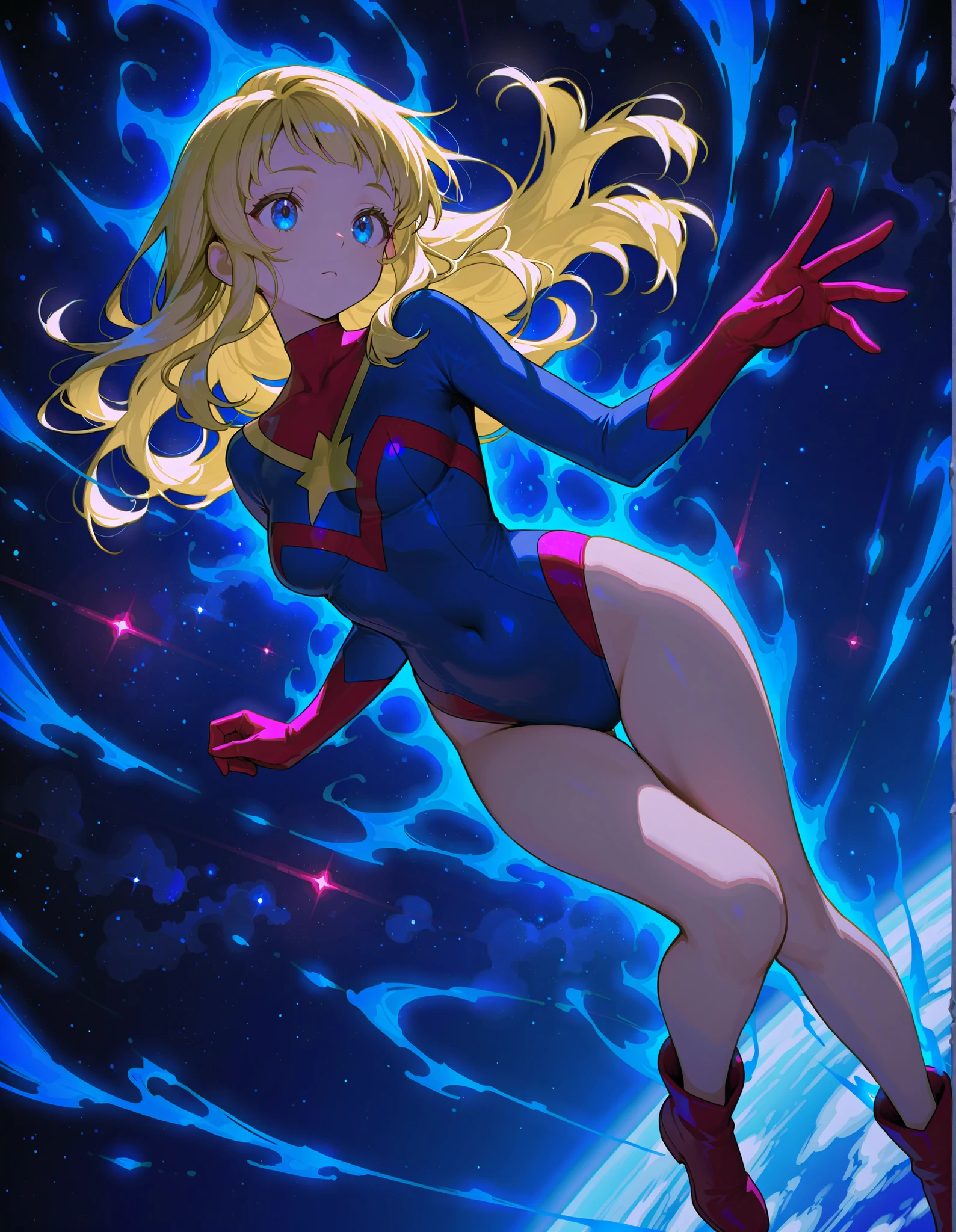 (masterpiece), (best quality), (high res), 1girl, solo, solo focus, superhero, gymnast leotard, bare legs, matching boots, sleeveless, looking at viewer, perfect hands, perfect eyes, perfect leotard, perfect legs, perfect arms, perfect fingers, medium breasts, pink leotard, (blonde hair), long hair, knee boots, blue eyes, .(heart cutout)), cute face, hair down, bangs, ahoge, sleeveless, pink gloves, pink footwear, (cleavage cutout, serious, full body with costume, cowboy shot, space backdrop. (T-pose, legs together). (spins fast in place like a tornado, whirls fast in place like a tornado, tornado whirling, spiral lines around her, spinning energy pulse around her, storm winds around her, whirls into a tornado, (she whirls) in (super speeds)). full body costume design. curved sword slash. she super-spins. time travel, time warp.
