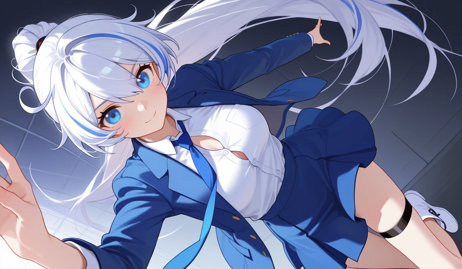 ((Highest quality)), ((masterpiece)), ((Ultra-detailed)), (Very delicate and beautiful), With a girl, solo, Cold attitude,((Black jacket)),She is very(relax)with(Calm)Appearance,Black-haired, Depth of written boundary,Wicked Smile,bubble, Underwater, Air bubbles,bright light blue eyes,Light white hair inside、The hair tips are bright blue,Cold Background,Bob Hair - Line Drawing, Shorts、Knee-high socks、Like a white uniform 、Light blue ribbon tie、The clothes are transparent、Put your hands in your pockets、Eyes as bright as sapphires,Fluorescent Blue, A small blue light was floating、Upward glance、