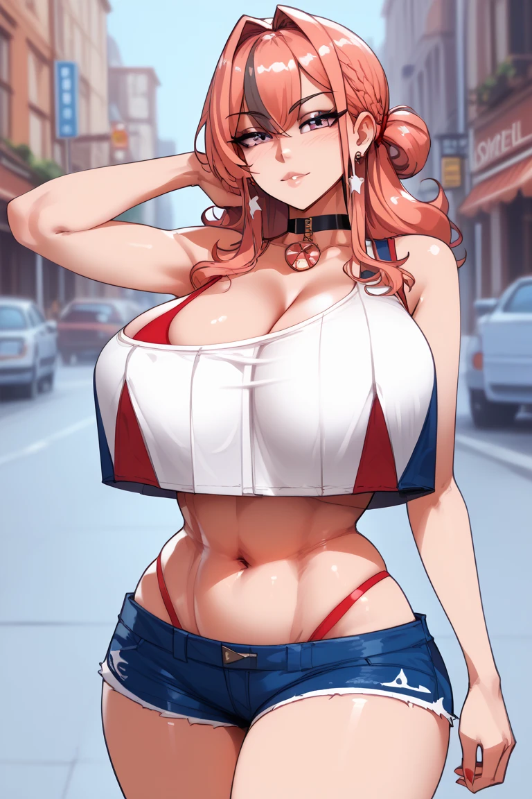 Thick legs, mature female, mature, adult, 1girl, ((Twintail hair)), ((No bang hair)),asuna (sao), ((yellow blond colored hair)), brown eyes, solo,looking at viewer,Implanted Big breast,unnatural big breast,Plump,Big hip,America printed bikini,big cleavage,Curvy,(Thick purple lips),(Glossy purple Lips),(Bimbo lips),(purple colored eyelid),Walking in the street,Swaying hips,Golden bracelet,Gold chained Dog Tag,Hoopa earring,Golden ring,Latin women,(Half open eyes),Unnatural body proposion,purple long nail,Bimbo,Slut,Unnatural thick lips,Brown skin,Short pants,Plump belly,Navel shown,Dark skinned,Native latin face,Half eyes open,fat arm,American Ghetto street background,Short Jeans,Eyelash,American,Smug,Sweat,Chocker,Mature,Big lips,Nape clean,eating lolipop,black Sunglasses,Tattoo,Bare Shoulder,No Sleeve,Navel pierce
