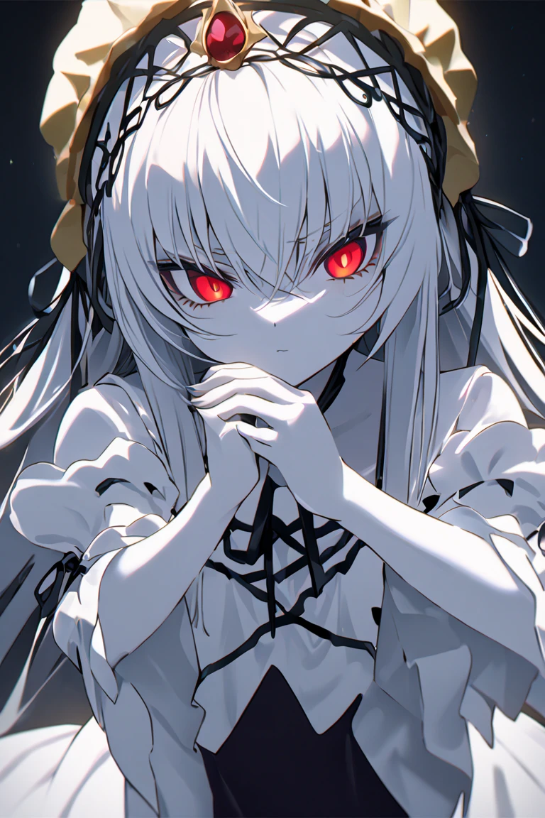 white hair pink eyes　strange beautiful girl　Dark world　smile　scared　very long hair　spiraling staircase　dark fantasy