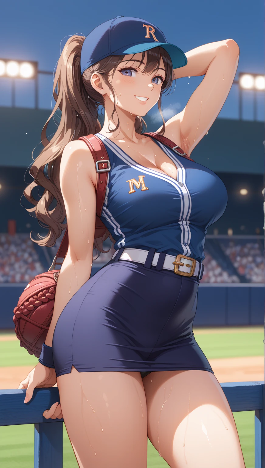 ((Masterpiece)), perfect anatomy, perfect shading, field of depth, (best quality), extremely delicate and beautiful, perfect lighting, detailed face, ultra cute face, cute, (cowboy shot 1.2), looking at viewer, full body, (((1girl))), (((solo))), cheerleader
long hair, fluffy hair, brown hair, green eyes, ((blush))), embarrassed, worried, (cheerleader uniform), (blue and white tank top 1.2), (short section skirt 1.2), thigh highs, chocker, extremely tight clothes, large breasts, cleavage, perky breasts, (((wide hips))), ((thick thighs)), ((big butt)), ((plump)), chubby belly, fat rolls, belly hang, she has a jiggly belly,
football field, intricate background, detailed background, sweaty, out of breath