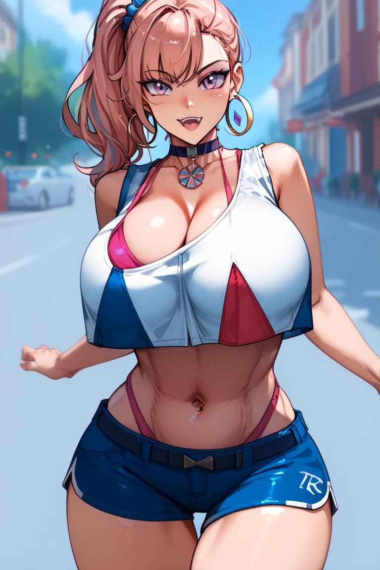 Ranma, muito sensual, com roupas de funkeira, brasileira, na cidade do rio de janeiro, Brasil, dancing funk, rebolando, bunda grande, pernas grossas, usando um short jeans extremamente curto, usando uma mini blusa, umbigo com pirsing, sneakers Nike, cabelo comprido, Speaker behind, corpo inteiro, muito realista, extremamente sexy, 8k, 8k extremamente detalhado), (um extremamente delicado e bonito), (obra-prima), (melhor qualidade: 1.0), (ultra highres:1.0)