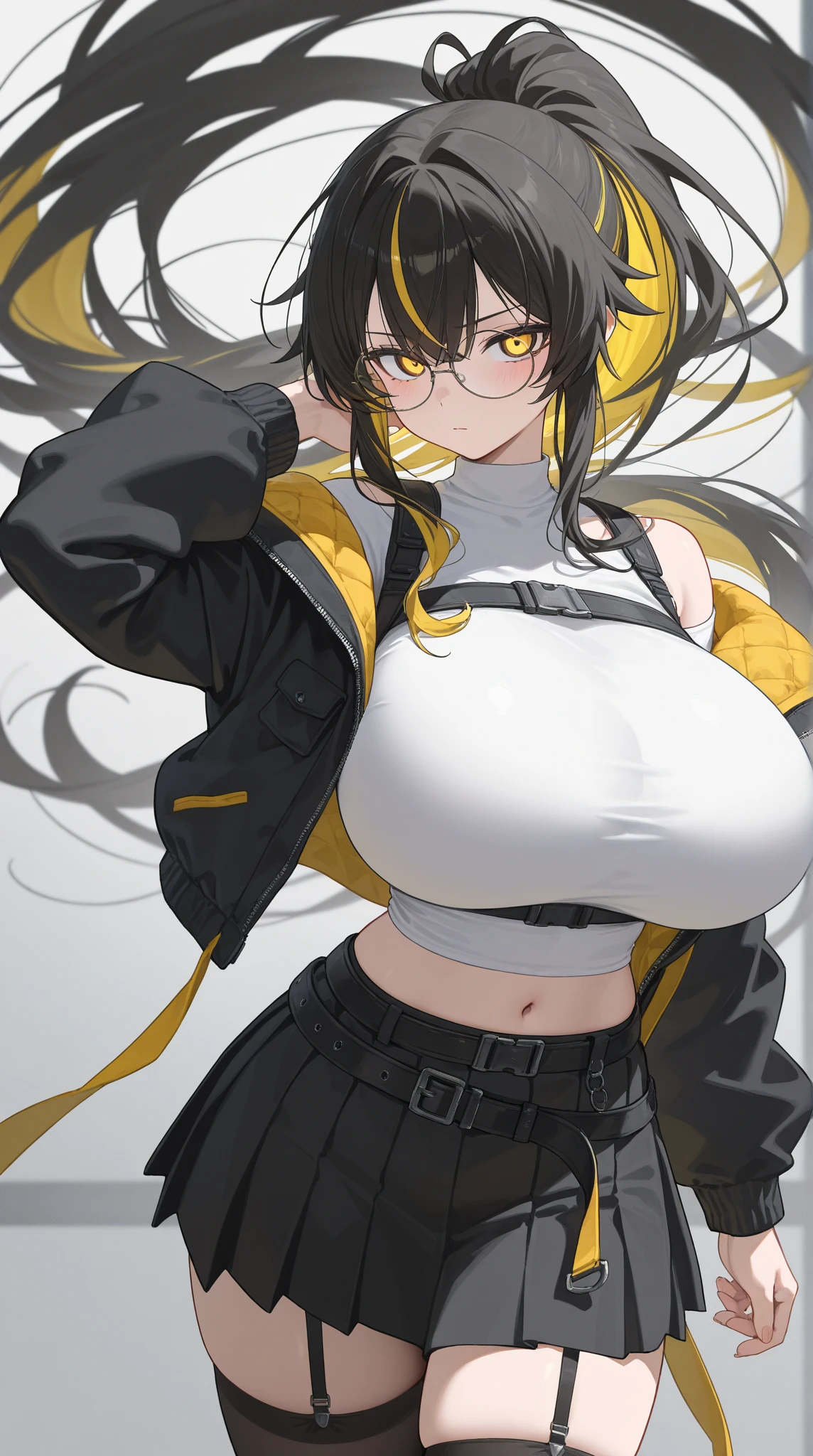 intricate detailes, White background, Transparent body, Visible veins, wires, Highly detailed, Head, Upper body, Breathtaking, young Korean girl with golden eyes and yellow sandy lush hair, tanned dark bronze skin, huge chest, dressed in a black short jacket with rolled up sleeves, a transparent unbuttoned shirt, large nipples sticking out under the fabric, a wide leather belt with gold yarn, leather shorts through which they stand out outline of a pussy, walking through the forest, trees with blue foliage and white flowers,