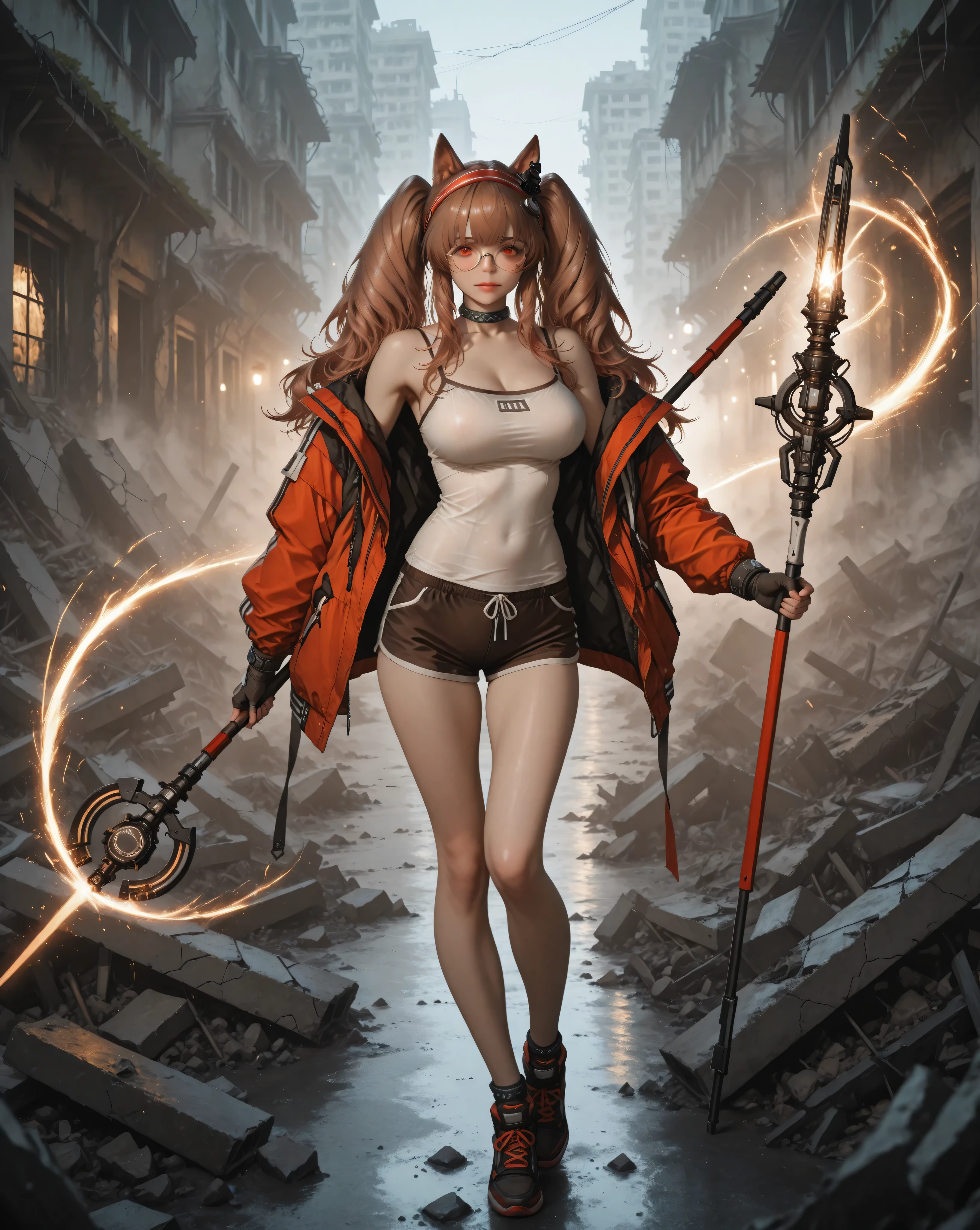 a realistic image, extremely sharp focus, crisp details, high resolution, 4K, 8K. low light, cinematic lighting, dramatic light. (correct anatomy and detailed hand). 1girl, solo. side view, dynamic pose, full body. a detailed, high quality rendering of angelina arknights. wielding staff and casting spells. wears beautiful, detailed round eyeglasses. wears a white camisole, jacket and shorts. she has a beautiful big breasts. has a beautiful face details, a beautiful detailed red eyes, twintails, animal ears, brown hair, armpits, detailed hands, five fingers and a real human skin texture, her expression is gentle and looks at the viewer. building ruins. the background has highest detail, detailed background and depth of field.