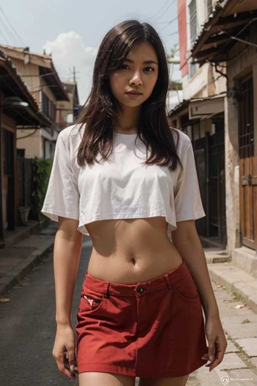 sweet woman, Indonesian, young, beautiful, loose white t-shirt, neat hair, perfect breasts, red lace bra visible transparent, black hair, walking in Narrow alley Jakarta, looking far away