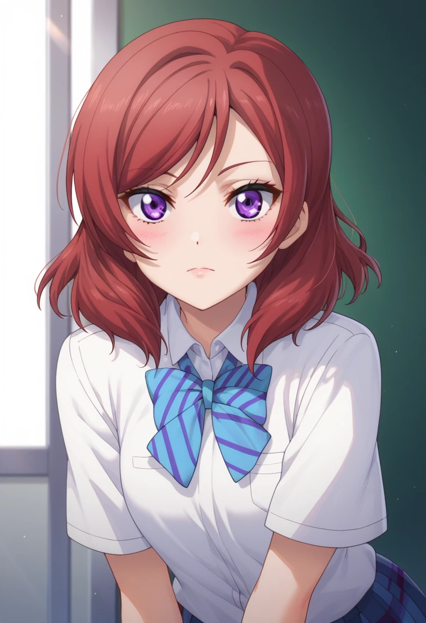 best quality, masterpiece, highres, solo, {koshigaya_natsumi_nonnonbiyori:1.15}, blue_eyes, blush, brown_hair, bangs, long_hair, closed_mouth, ponytail, ribbon, hair_ribbon, red_hair, 2girls, collared_shirt, desk, indoors, multiple_girls, neck_ribbon, red_ribbon, school_chair, school_desk, school_uniform, shirt, solo_focus, sweater_vest, white_shirt, chair, long_sleeves, looking_at_viewer, skirt, white_ribbon, high_ponytail, sitting, black_skirt, pleated_skirt