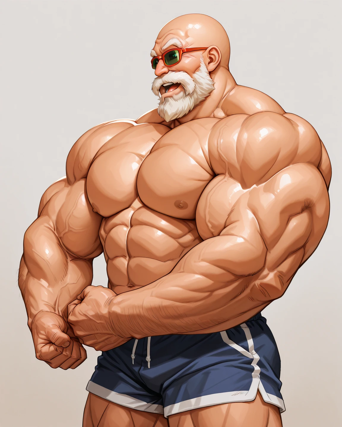 (magazine cover), with text, solo, 1boy, (Huge Muscular Old man as a boxer , wearing shorts, and tank top) (short hair), pectoral, abnormal muscle size, very big muscle, absurdly muscle size, huge pectoral, wide pectoral, (bara pecs: 1.3), short white hair, short bearded, simple background, masterpiece, high detailed, 8k, high resolution, --style 250, -- v 6.0