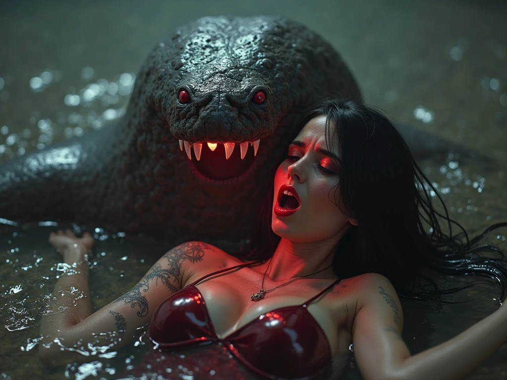 A pack of ravenous goblins (big eyes, small bodies, huge shark mouth) harry a human woman (big breasts, big butt, Anglo features, tramp stamp tattoo, barefoot)m woods at night