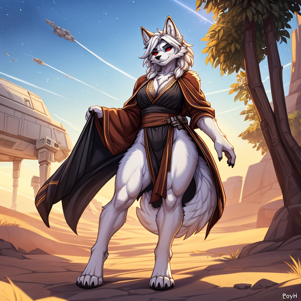 Masterpiece, High quality, best quality, best details, anime artstyle, 2d lineart, anime 2d lineart, Furry, protogen, white fur, fluffy fur, yellow ears, yellow eyes,  shark tail, big breast, big hips, female proportions, big nipples, a dark desert and sands on background, naked pussy, white fur, astral desert, Walks, Rupture of space in the sky, black hole in the sky