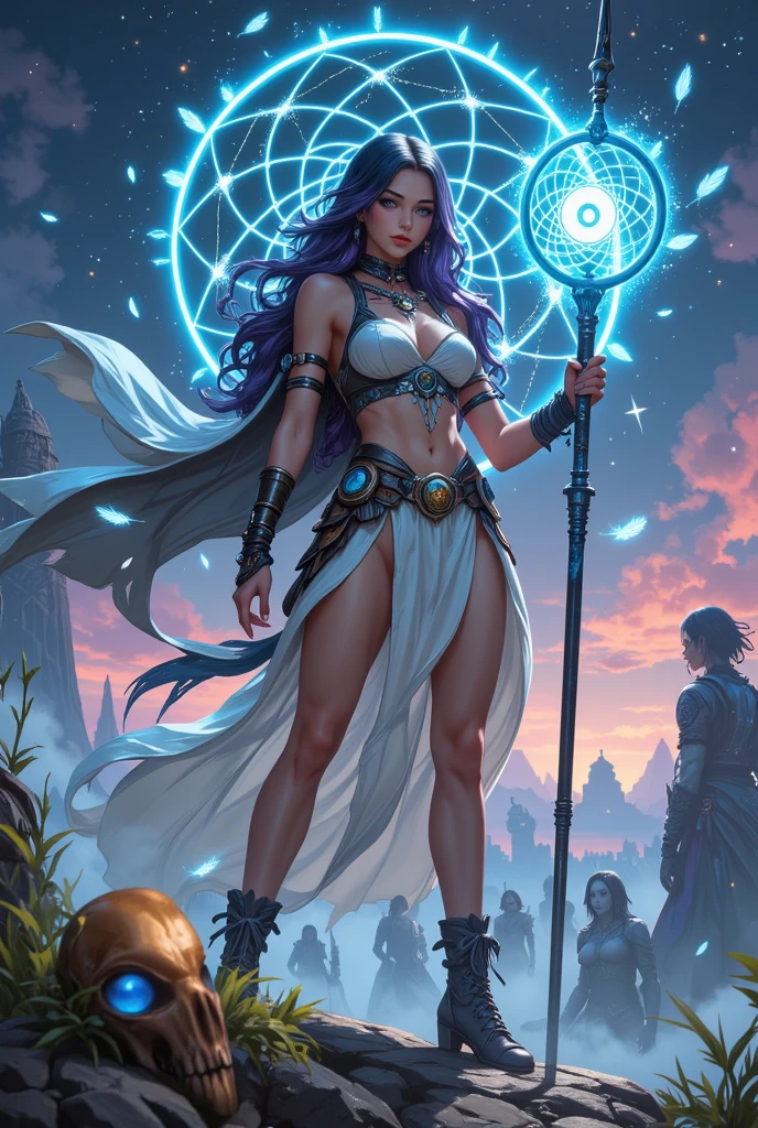 1girl, humanoid, pink skin, shaved with black braids, indigo lantern insignia, striped tattos on thighs, violet scheme, crop top, loincloth, bare feet, holding a long staff, indigo aura, space background, sorcery pose
