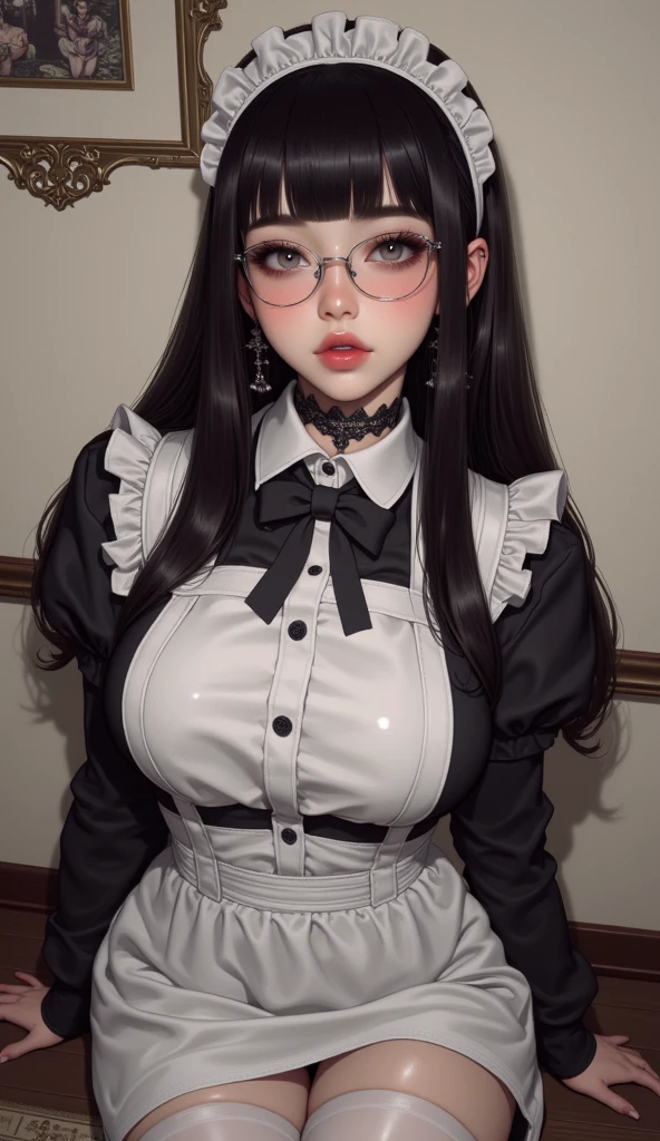 Gray Hair, Teenage Girls, Maid clothes, Look Down, Black-rimmed glasses, Chi Bangs, Black Silk,to be aroused