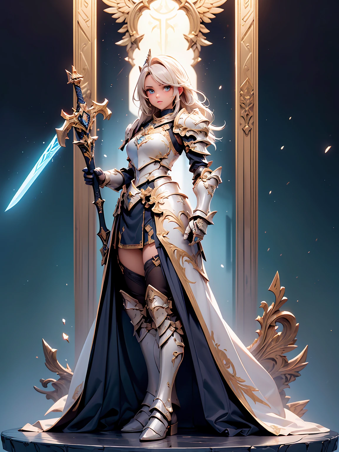 (((masterpiece, best quality, high detailed, 8k))) Design a layout showcase Gaming character, (1girl). Gold|White clothes, stylish and unique. ((showcase weapon:1.4)), celestial bow. (masterpiece:1.2), (best quality), 4k, ultra-detailed. (Step by step design, layout art:1.5), (luminous lighting, atmospheric lighting). celestial archer, ((glove full hands)), (((revealing clothes:1.3))), vambraces, armored legwear, (((full_body_shot:1.4))). {In a starry sky}.
