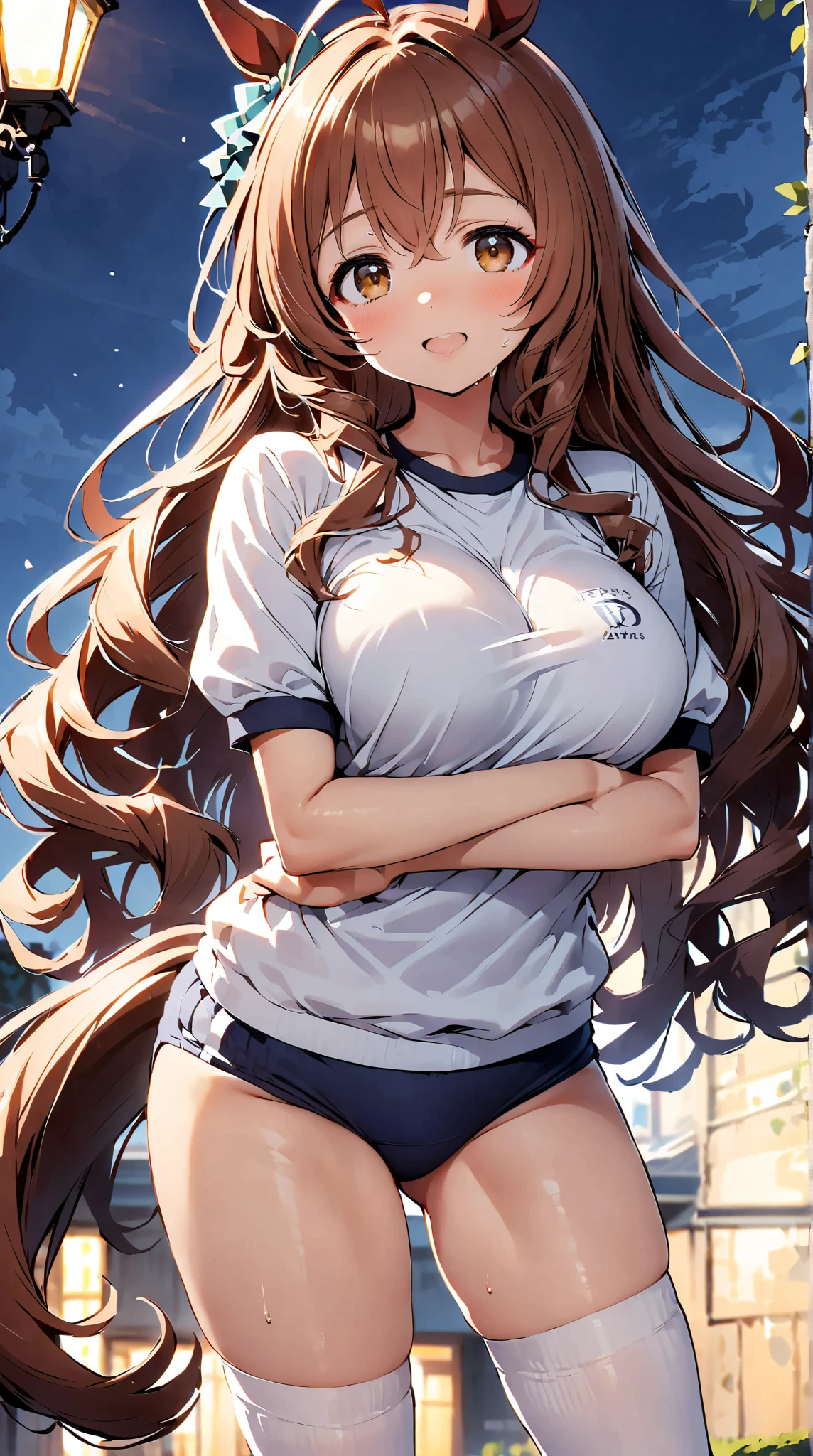 Could you create me a Image of a girl of big breasts, turquiouse eye color glasses gym uniform long hair, a ponytail, red hair, sfcprojunior and thick thighs the character named Yakuzen Kusuri from a anime