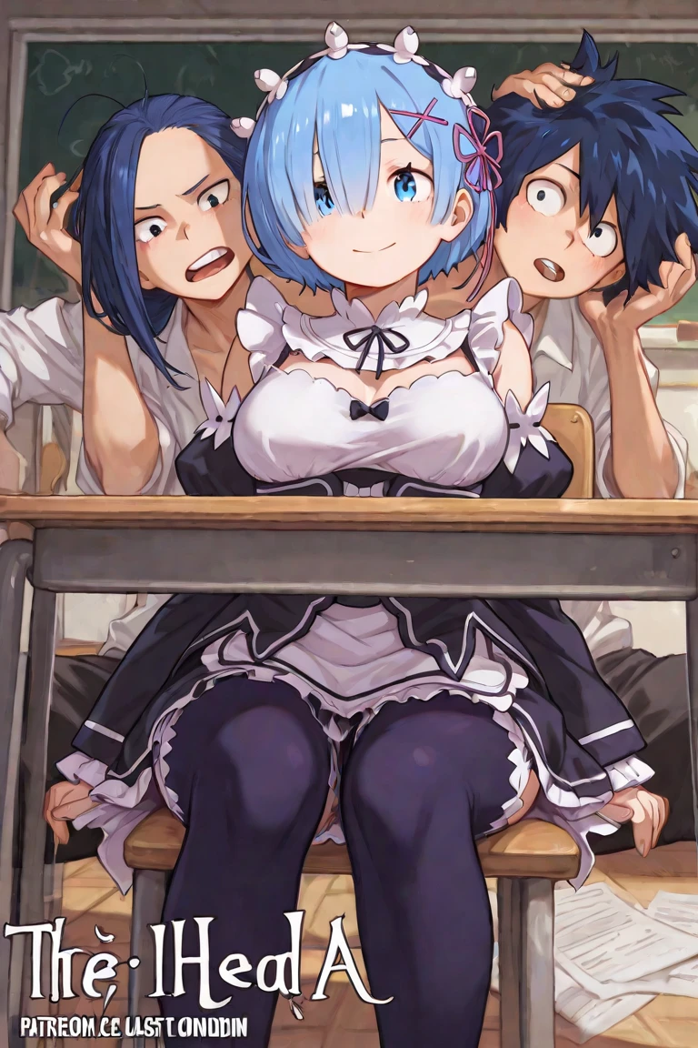 NSFW,masterpiece,Highest quality,High resolution,Super detailed,Roxy Migurdia\(Mushoku Tensei ～If you go to another world, you'll get serious～\),Small breasts,Blue Eyes,Blue Hair,Long Hair,Braid,Twin Blade,(teacher),(gentlemen),Iron Collar,Astonishment,Embarrassed,sexual excitement,Estrus,blush,((Squirting)),Sweat,heart,School,classroom,(male),Having sex,Insert,Creampie,Are standing,forward leaning posture,From the side,(Blowjob),(Deepthroat),Suck a dick