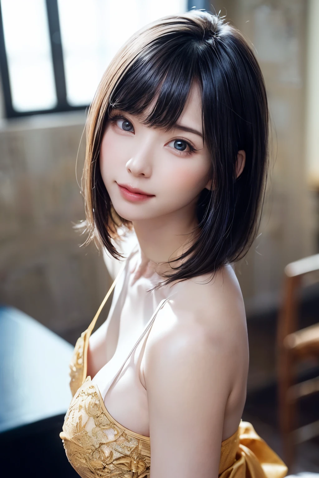 1 girl、highest quality、Realistic、alone、Written boundary depth、Natural soft light、Daytime、charm、Beautiful Face、Cleanliness、Pure Face、White skin、cute、short hair、prohibit、Beach、Light of the sun、Nedium Breast Body Esbian、((セーターを着たBeautiful Faceの黄金比 対称性のあるBeautiful Face))、Long neck、Listen carefully、prohibitのあるきれいな短いボブヘア、Laugh with your mouth closed、Perfect hands指、Perfect hands、Perfect body、Perfect Face、Shine a light into your eyes、Perfect Anatomy:1.4、とてもcuteスーパーモデル:1.4、{Huge|big|Hugeな|Mega} chest:2, chestの谷間:2