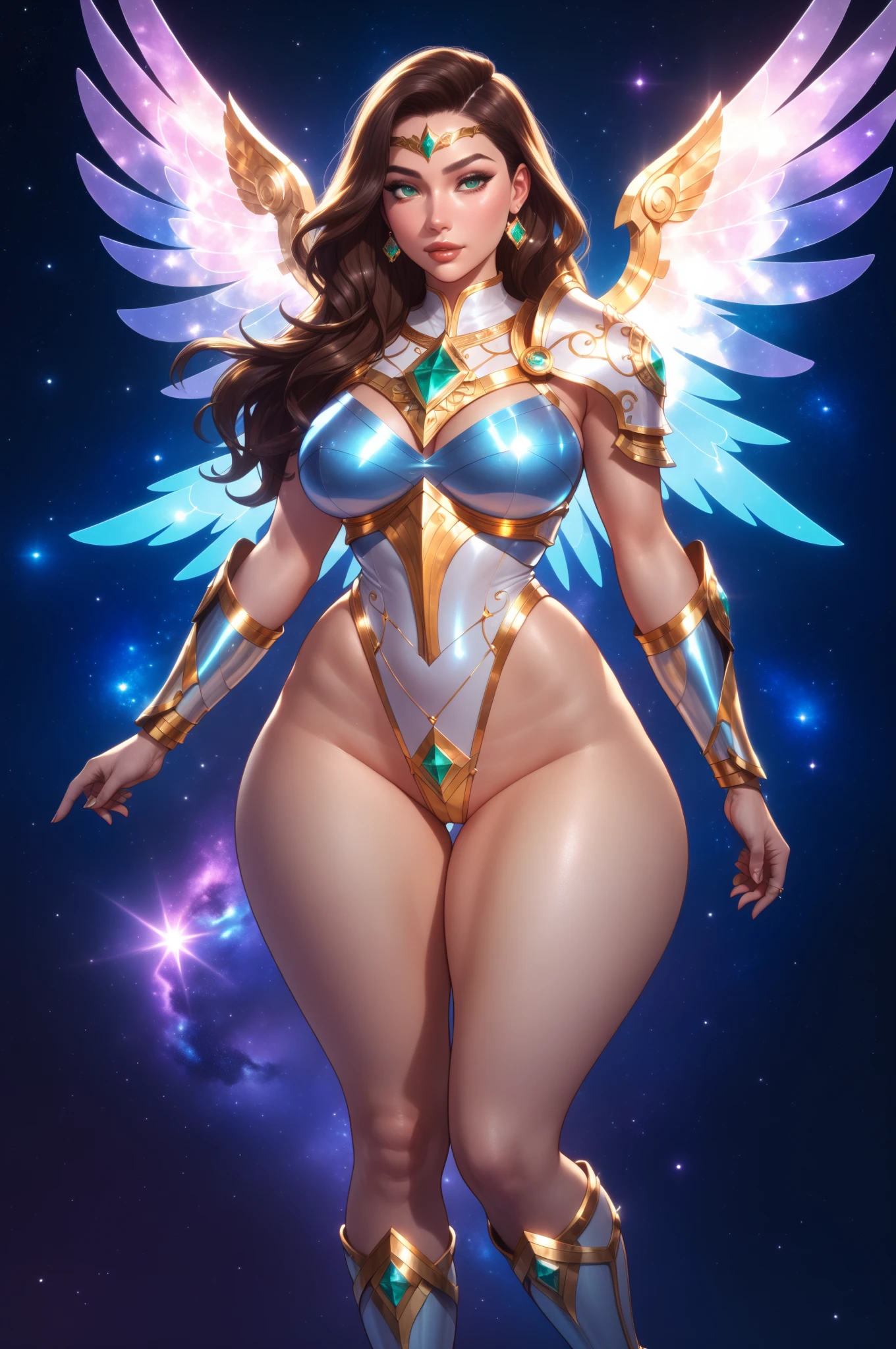 (masterpiece, top quality, best quality, official art, beautiful and aesthetic:1.2), (1girl:1.3), extremely long curly golden hair, extremely detailed, portrait, looking at viewer, solo, (full body:0.6), detailed background, close up, (cool science fiction space theme:1.1), extremely busty valkyrie, charlatan, mysterious, shooting lasers in space, cybernetic angel, huge feathered wings, chrome boob armor, dark purple streamers and skirts and sleeves and knee wrappings, cybernetic implants, mechanical hand, laser cannon, arm cannon, revealing chrome armor, bare midriff, glowing laser energy, halo, intricate armor, ornate chrome armor, sheer white fabric, elegant purple fabric, skirts, streamers, cowl, boots, bracers, ((((gigantic breasts))), slim waist, slim hips, long legs, athletic, SPACE, futuristic moon, (space exterior:1.1) background, dark mysterious lighting, shadows, magical atmosphere, dutch angle
