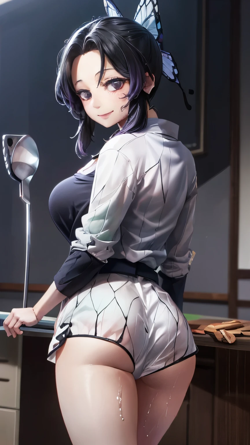(Representative works: 1.2), (Highest Quality: 1.2), solo, Single Daughter, Shinobu Little Butterfly, Happy Smile, Big breasts,Thin Japanese sword, (White Shirt: 1.4), face, Realistic Eyes, lilac eyes, wet face, dark haired, (butter frying pan tea: 1.5), Micro Panties, Taisho period, from below, spread your legs, raise your skirt, show off your panties, lift yourself,super miniskirt showing all of your legs,(Dynamic pose:1.2)