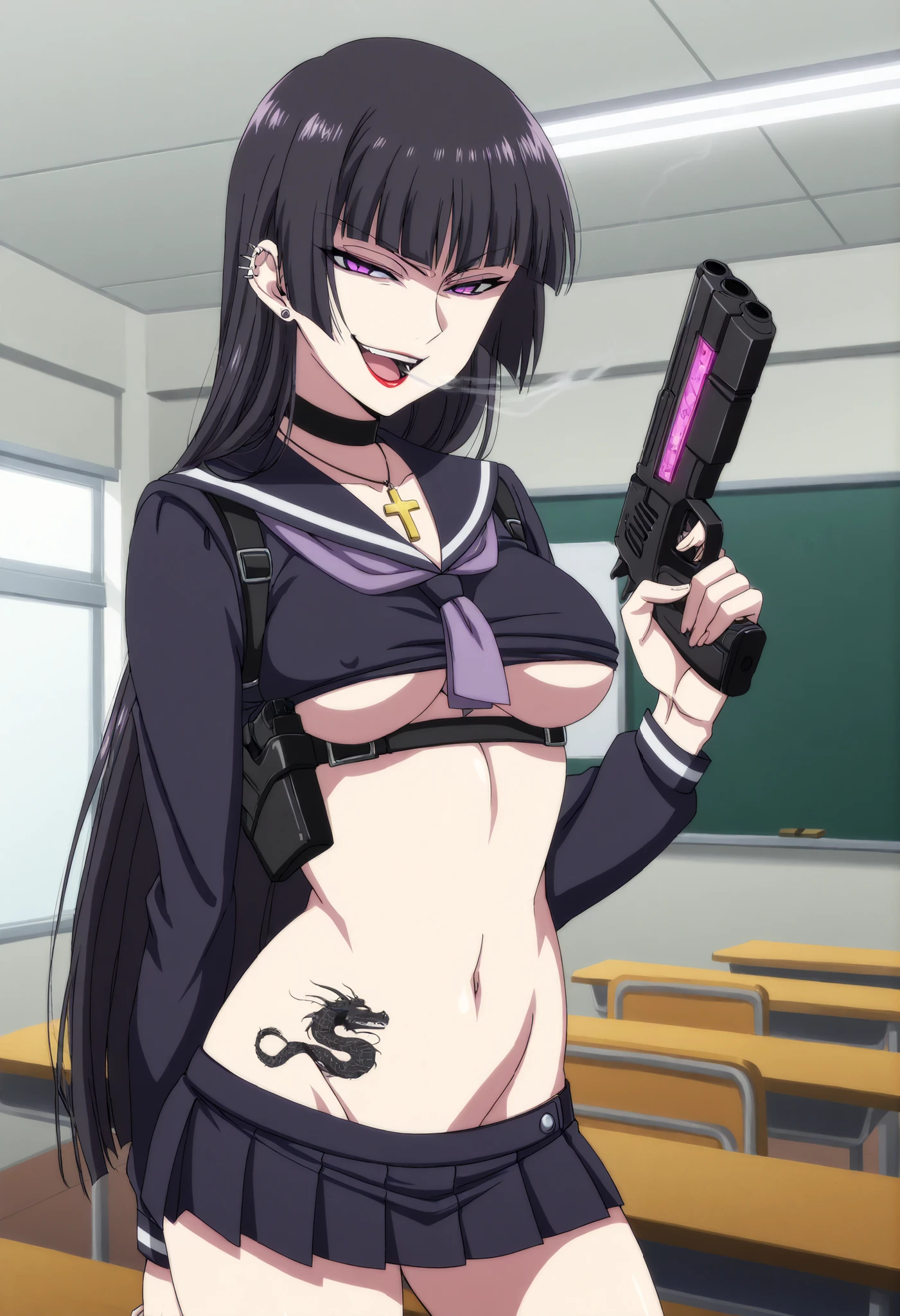 MagaseAi , 1girl, solo, long hair, black collar, blush, lipstick, long hair, crazy eyes ,Hot girl, baddie, staring, glaring, bad attitude, mean girl, crazy, smoking, sensual, attractive, masterpiece, best quality, highly detailed, a anime girls in sailor uniforms with a gun posing for a picture,
evil smile, smile, open mouth,black_serafuku, ecchi anime style, anime girls , (nsfw) not safe for work,
ecchi style, ecchi, shipgirls, digital anime art!!, high school girls, holding a gun, hold a gun, anime style 4
k, micro skirt, exposed belly, exposed navel, exposed midriff, holding pistol,underboob,
exposed lower belly,school, classroom, navel piercing