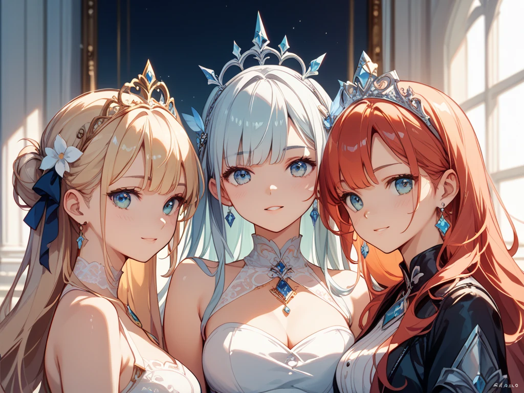 4 girls, 1st (White and red wavy hair, dumpling hair, hair in one piece, beautiful hair, cute composition, depth of boundaries, beautiful soft illustration, watercolor style, light red hair, heart many hearts fluffy smile Queen of Hearts Lace Gloves Red Frill Dress Volume One Piece Queen's majesty Red and Pink), 2nd (White and yellow wavy hair, (dango hair), short hair, beautiful hair, beautiful composition, depth of field, beautiful soft illustration, watercolor style, light gold hair, diamonds, ♦️, diamond queen's crown, lace gloves (yellow lace gloves) yellow frill dress volume dress、Diamonds ♦️ are scattered), 3rd (White and green wavy hair, beautiful hair, beautiful composition, depth of field, beautiful soft illustration, watercolor style, light green hair, clover, many clover ♣️, Queen's crown (slit dress) lace gloves (yellow green lace gloves) green slim dress (one hand on waist), beautiful smile, Queen's majesty, Green Castle, Beautiful Queen, Details, Sparkling, Green and Dark Green, Club ♣ Scattered, Smile), 4th (White and black wavy hair, beautiful hair, beautiful composition, depth of field, beautiful soft illustration, watercolor style, light black hair, short hair, spades, many clover ♠️ , Queen of spades crown , throne , hand on chin , armrest , black lace gloves , smile , queen majesty , details, black and purple, wearing a cloak, black cloak, open-chested dress, beautiful queen), group photo, Good friends, all smiles, happiness, four very close girls