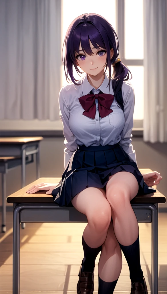 (masterpiece, Highest quality, (Realistic), Cinematic), One person, (Wide Shot, from the front:1.4), (Korean Style), Perfect Anatomy, Healthy Body, Sweating all over the body, attractive, Perfect Eyes, Bright Blue Eyes, Perfect hands, (Slightly parted lips, Sexy thick lips, Bare lips, Glossy Lips, fluffy lips), Perfect hands, (Big Breasts:1.2), length, Healthy legs, (Purple pink highlight hair, Messy Short Hair:1.2), (White full back shorts.5),(), ((school uniform)) , (Sitting with legs crossed), High school classroom,Sit on a desk