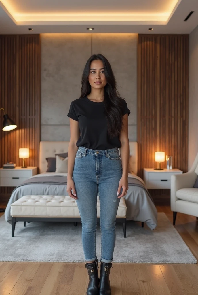 hyper realistic, ultra detailed, 25 year old Indonesian woman, wearing sleeveless t-shirt, torn blue jeans, wearing white sneaker's, long hair in a ponytail, standing in the room, fullbody, very real, high resolution, 3D, HD