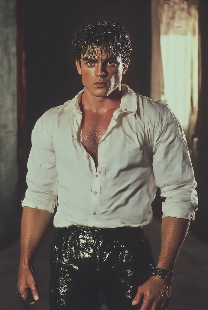 ((realistic lighting, best quality, Very delicate 8K, master piece:1.3 Photo by Fujifilm X-T3,)), sharp focus:1.2, 1 man, muscular man with perfect figure:1.4, : ((Dark red vertical mohawk hair))、Playing the electric guitar shirtless、British man with fine features、necklace on padlock！