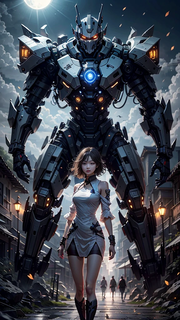 (highest quality、4k、8K、High resolution、masterpiece: 1.2)、Super detailed、(genuine、photogenuineistic、photogenuineistic: 1.37)、Destruction of a Great City、(A woman with telekinesis stands in front of a mech controlled by the invaders:1.37) 、(Women are young and beautiful、18-year-old、unparalleled beauty:1.5)、Insert a mental barrier to resist robot attacks、Vibrant cityscape、bright colors、Shining skyscrapers、Busy Street、Futuristic architecture and technology、Advanced Holographic Displays、Neon light splashes 、dramatic lighting、intense shadow、The awe-inspiring power that women exude、determination in his eyes、Elegant flowing gown、Dynamic action in the wind、Stretch out your arms and lunge towards the robot.、Powerful energy is emitted from the hands.、blue shining aura、sparks of electricity、electricity crackling in the air、A whirlpool of energy surrounding women、A fascinating and surgenuine atmosphere、A sense of danger and impending doom、Background chaos and destruction、Crumbling Building、Flying Debris、Smoke and flames、 The contrast between beauty and destruction、The battle between technology and the extraordinary power of young women。 cr1r3