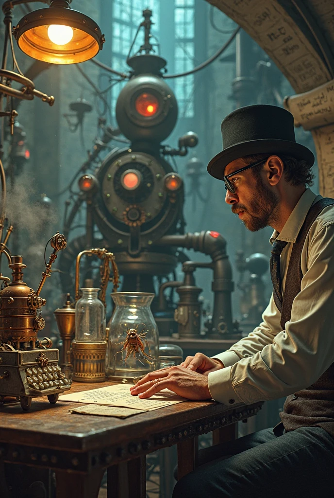 A steampunk inventor in a cluttered workshop, wearing a brass and leather mask with gears, goggles, and mechanical components. The mask is a fusion of function and fashion, reflecting the inventor's eccentric personality and ingenuity. (masterpiece, ultra detailed, 8K, high resolution, cinematic lighting, photorealistic, steampunk theme)