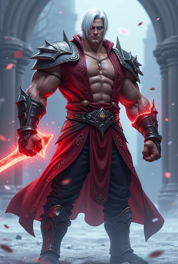 A naked muscle male, mature male, footballer body type, sorcerer, sorcerer clothing, blood moon, red blood moon, magic power, Handsome face,eyes with brightness,The man looks confident and determined, crew cut, Stars dot the sky, night sky looks sinister and dangerous, blood red night sky, evil-looking but attractive man