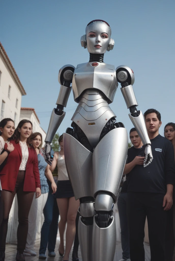 body, body, woman, Ultra-realistic, robot, cyborg, Plain background, Stands facing the spectators, super high quality, Metal, Dressed, (View your viewers), saggy,